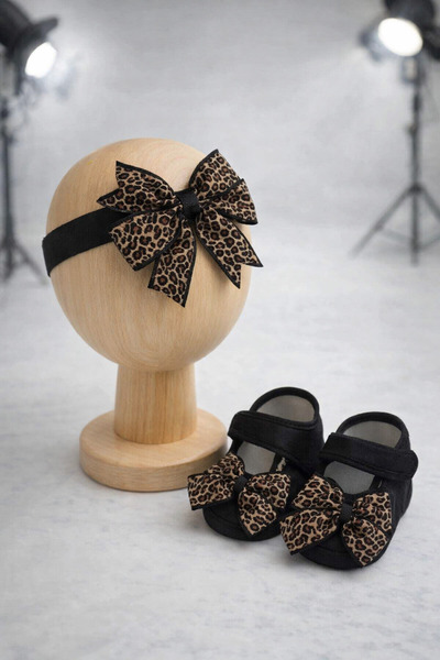 Bilge Trend Baby Girl Leopard Bow Hair Band and Booties Set (0-6 Months)