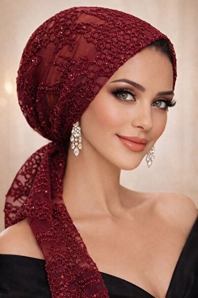 Aişe tesettür Βουργουνδί χρώματος Με γκλίτερ Βραδινό Φόρεμα με Κασκόλ και Καπέλο