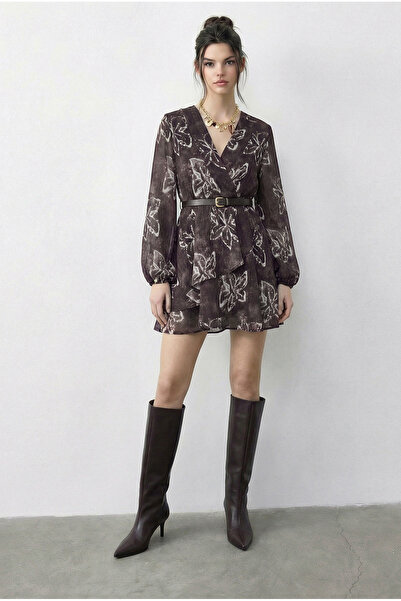 Bianco Lucci Women's Double-Breasted Collar Belt Pack Patterned Lined Mini Ch...