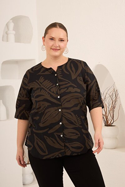 RMG Hakim Yaka Yaprak Patterned Women's Plus Size Shirt Khaki