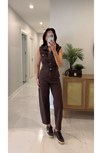 BİRCANÇİL Salopetă fără mâneci ZR Dina Kahve cu detaliu la buzunar