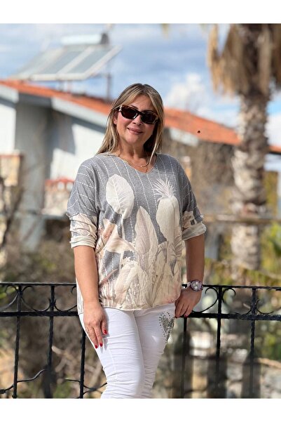 Punta Otantik Nc20661 V-Neck Floral Print Italian Knitwear Blouse Gray