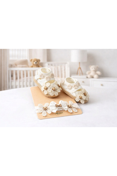 Bilge Trend Baby Girl Set with Flower Motif Hair Band and Velcro Booties (0-6...