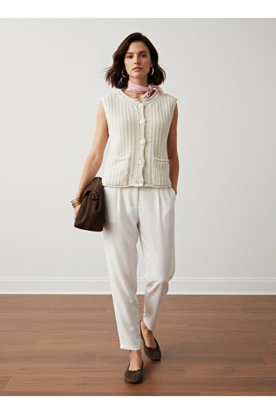 SHERIN Ecru okrugla kragna Pleteni kardigan ( Prsluk )