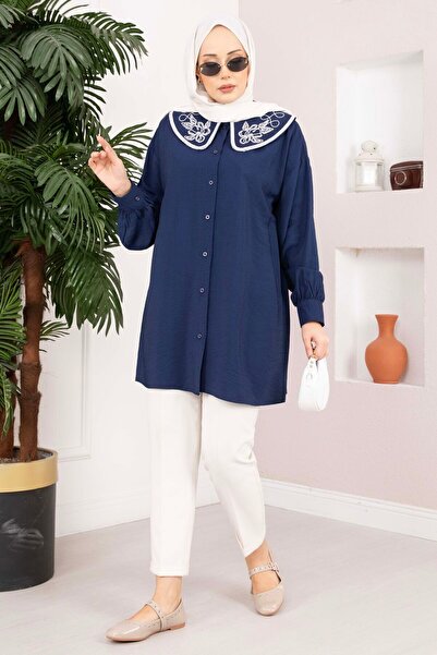 EBRUTESETTÜR Collar Embroidered Hijab Tunic Navy Blue