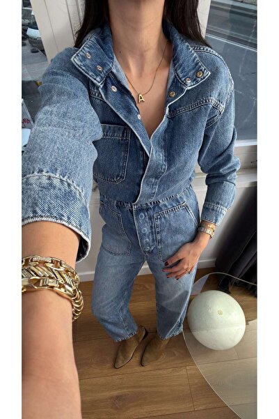 BİRCANÇİL Gosdera Μπλε Beli Με σούρες Τζιν Ολόσωμη Φόρμα