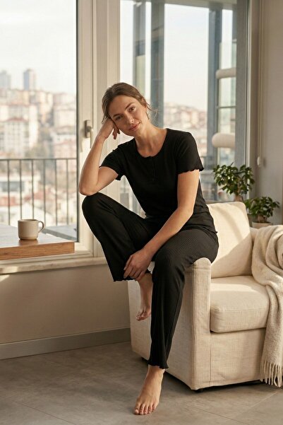 Miss Dünya Lissa Comfort Wave Crew Neck Short Sleeve Corded Fabric Fabric Wom...