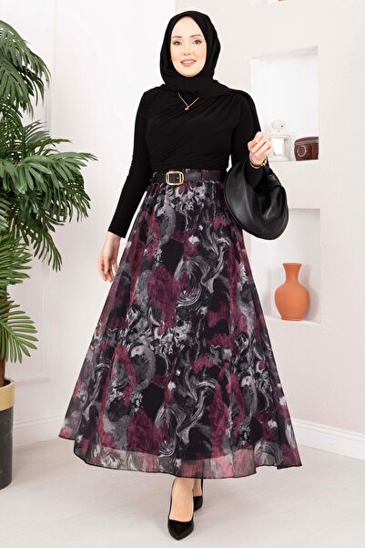 UMS Authentic Pattern Belt Piece Chiffon Skirt Black