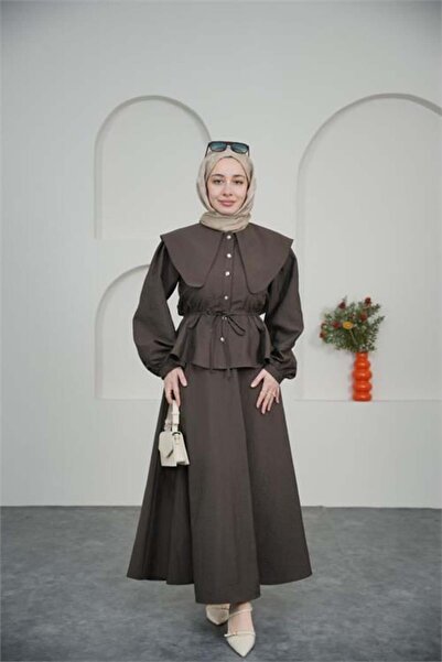 Dipmoda Women's Brown Cape Collar Skirted Hijab Suit Dpvq3134