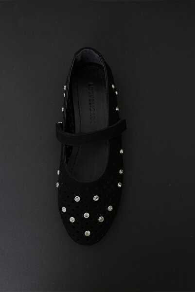 LUTVELIZADE Babet 2608 - Taş İşlemeli Bantlı Siyah Süet Kadın Babet