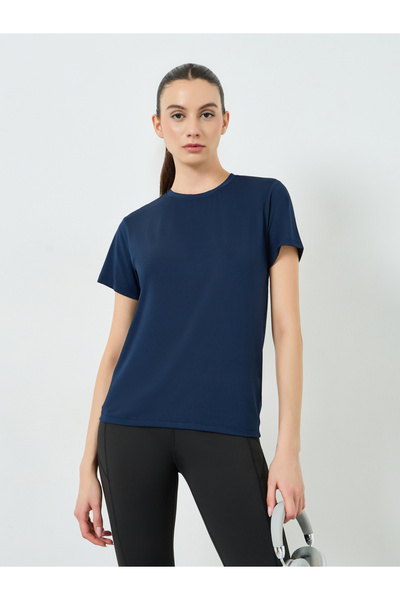 Styli Navy Blue Textured Back Dual Stripe Short Sleeve Top