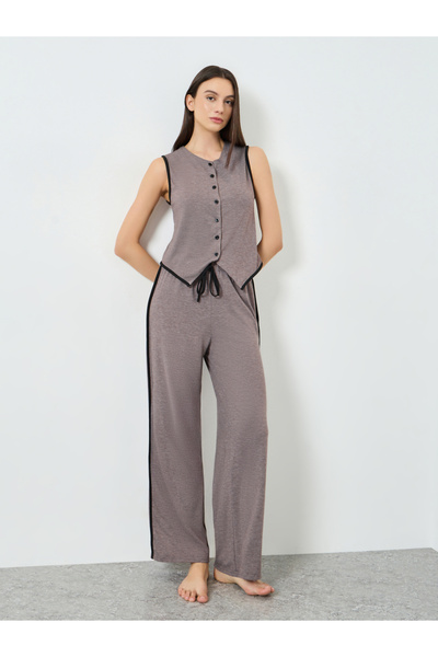 Styli Piped Button Through Waistcoat and Side Stripe Pyjama Set