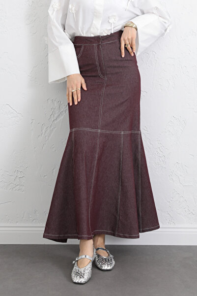 Salih Çelebi Contrast Stitching Pieces of Denim Skirts Y0115 - Bordo
