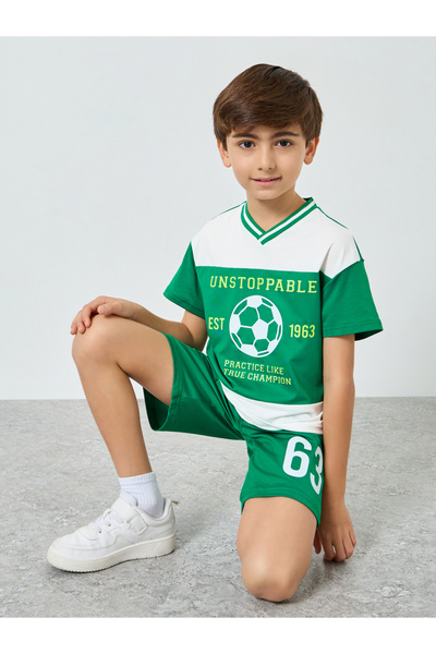 Styli Boys Green Football Graphic T-Shirt and Shorts Set