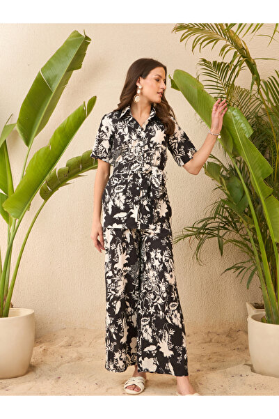 Imana By Styli Black Floral Cotton Shirt with Belt and Trousers Co-Ords