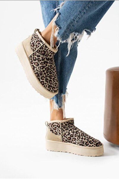 Ecru Kadın Günlük Bot Kalın Taban Leopar Desen İçi Kürklü Mini Kısa Bilekte