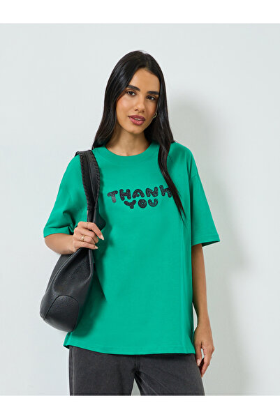 Take Two By Styli Green Oversized Slogan Print Cotton T-Shirt