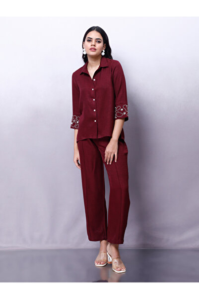 Athena By Styli Maroon Embellished Shirt with Trousers Co-Ords