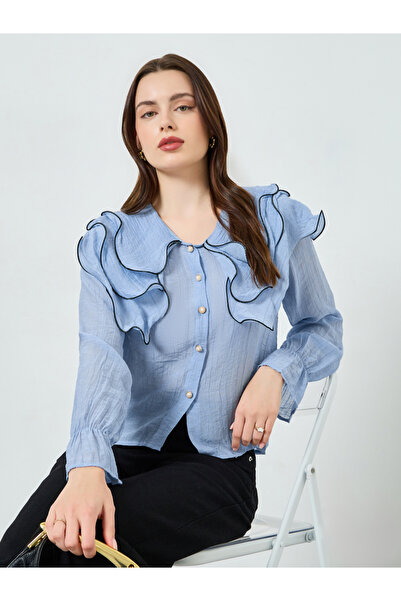 Styli Blue Ruffled Collar Blouse Shirt