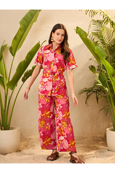 Imana By Styli Pink Floral Cotton Shirt with Trousers Co-Ords