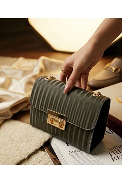 addy Gri Çizgili Desenli Gold Zincir Askılı Portföy Omuz Ve El Çantası E19B13