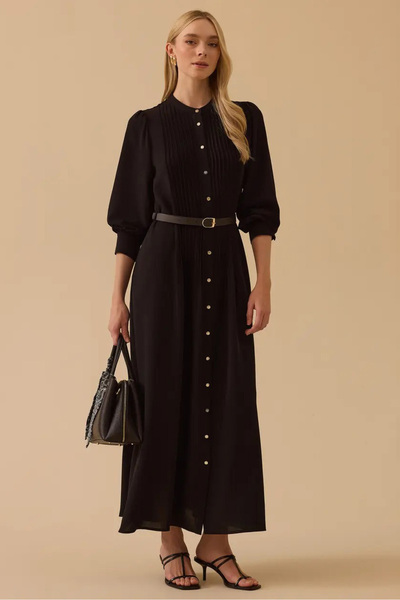 SEÇİL فستان طويل للنساء بياقة هاكيم حزام قطع - أسود