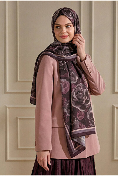 SilkTouch Mor Frenk Gülü Desenli Organik Şal