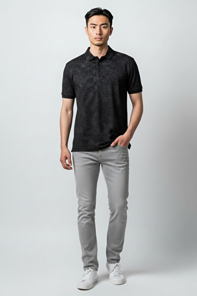 KAMER Men's Modern Fit Shirt Collar Dal Patterned Black T-Shirt 5065S