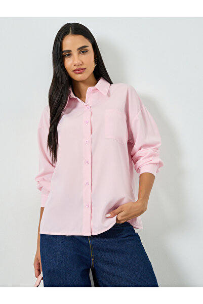 Styli Pink Solid Oversize Shirt with Chest Pocket