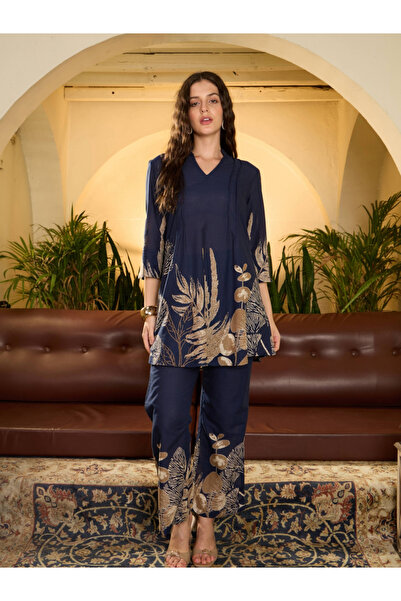 Imana By Styli Navy Blue Floral Print Pure Cotton Top with Trousers Co-Ords
