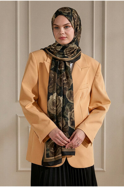SilkTouch Black Gold Frenk Rose Patterned Organic Shawl