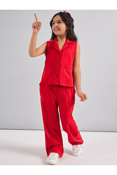 Stylo Bug By Styli طقم بناتي أحمر من قماش الرايون، مكون من بلوزة وبنطال بدون ...