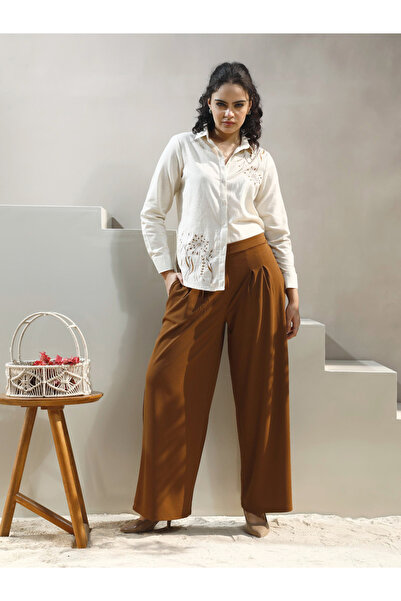 Styli Beige Floral Embroidered Cotton Shirt