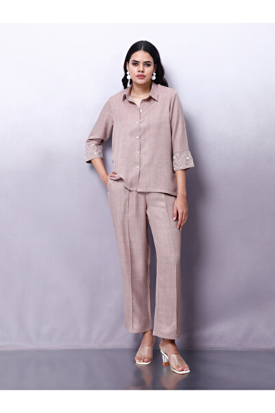 Athena By Styli Beige Embellished Shirt with Trousers Co-Ords