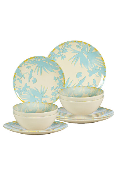 Cesiro Set of 12 Plates for 4 Persons, Foliage, Ivory with Light Blue Leaves