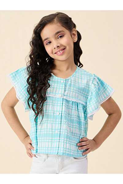 Stylo Bug By Styli بلوزة بناتي زرقاء نقشة مربعات بأكمام مكشكشة