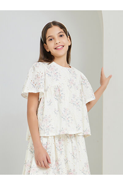 Styli Girls Cream Embroidered Schiffli Top