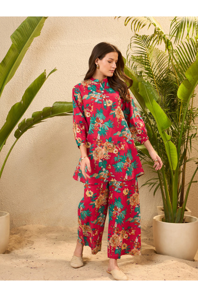 Imana By Styli Pink Floral Printed Pure Cotton Top and Palazzo Co-Ords