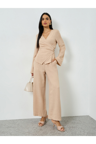 Take Two By Styli Beige Wrap Top and Wide Leg Pants Co-ords