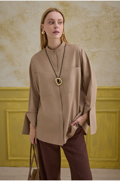 HEQA Πουκάμισο με λεπτομέρεια στις μανσέτες Latte