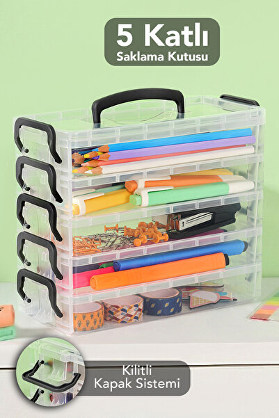 Meleni Home 5 Katlı Organizer Saklama Kutusu - Kilitli Kapak Şeffaf Çok Amaçl...