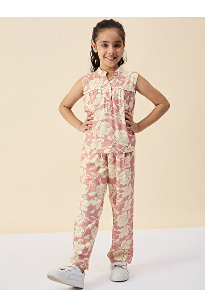Stylo Bug By Styli Girls Peach Leaf Print Rayon Top and Pants Set