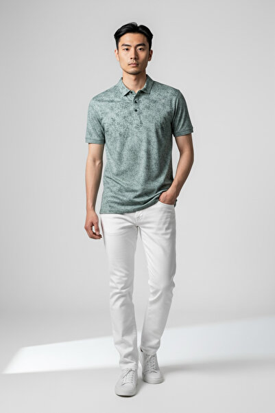 KAMER Men's Modern Fit Shirt Collar Dal Patterned Water Green T-Shirt 5065Y