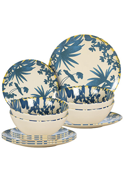 Cesiro Set of 12 Plates for 4 Persons, Foliage, Ivory Decor with Dark Blue Le...