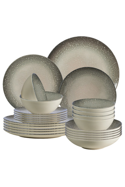 Cesiro Set of 24 Plates for 6 Persons, Gray Stone, Ivory with Gray