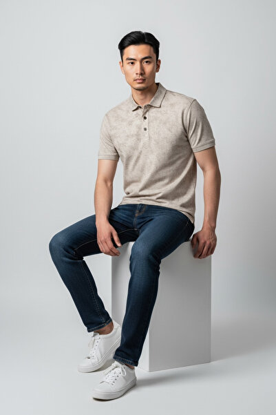 KAMER Men's Modern Fit Shirt Collar Dal Patterned Ecru T-Shirt 5065Ek