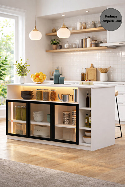 Avmpark Stars Mutfak Adası Led Işıklı Bar Masası Temperli Cam Kapaklı Raflı Ç...