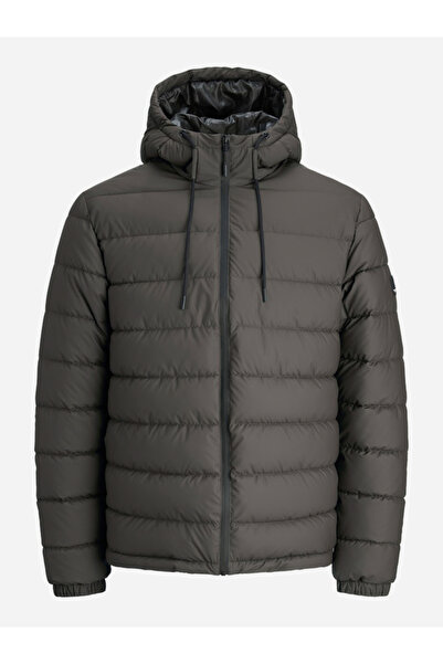 Jack & Jones Dark Grey Solid Zip-Up Puffer Jacket