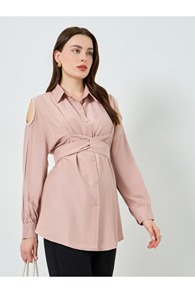 Styli Pink Pearl-Embellished Oversized Shirt