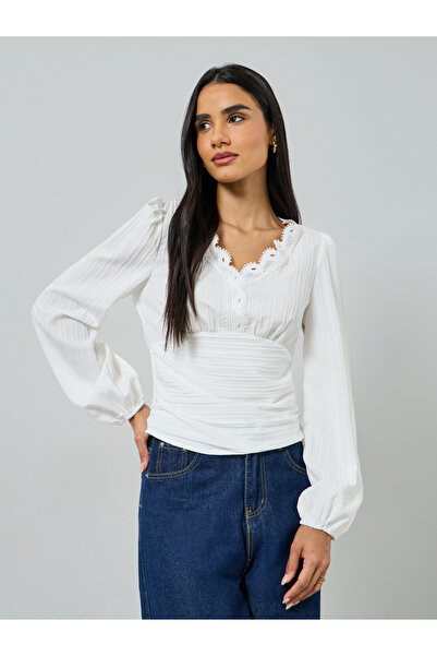 Take Two By Styli White Long Sleeve Top with Lace Trim